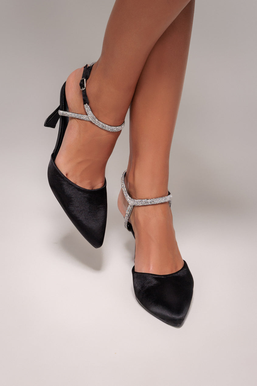 Goddiva Diamante Embellished Satin Slingback Court Heels - Black Satin