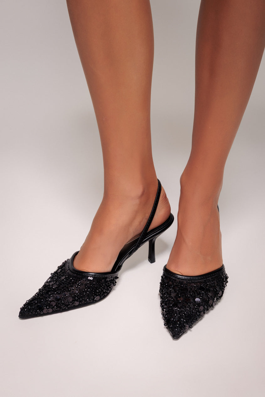Goddiva Beaded Sequin Low Heel Slingback Shoes - Black