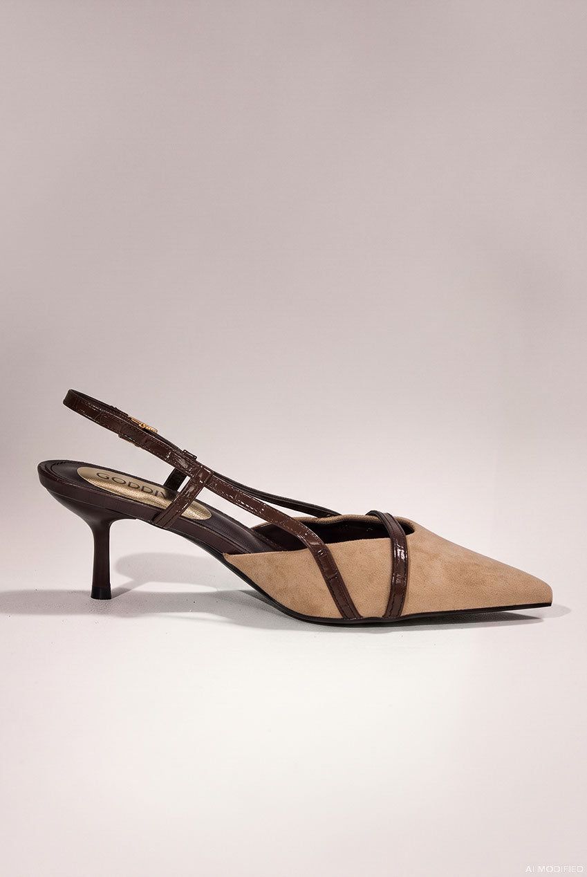 Goddiva Pointed Slingback Heels With Croc-Style Straps - Beige