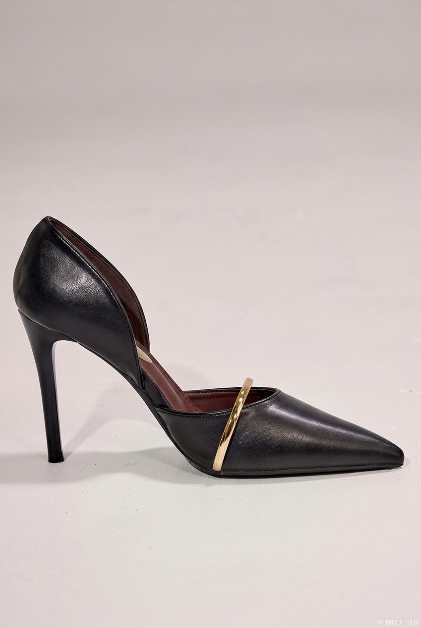 Goddiva Pointed Toe With Gold Strap Stiletto High Heel - Black