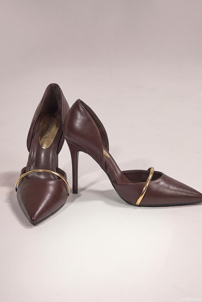 Goddiva Pointed Toe With Gold Strap Stiletto High Heel - Brown