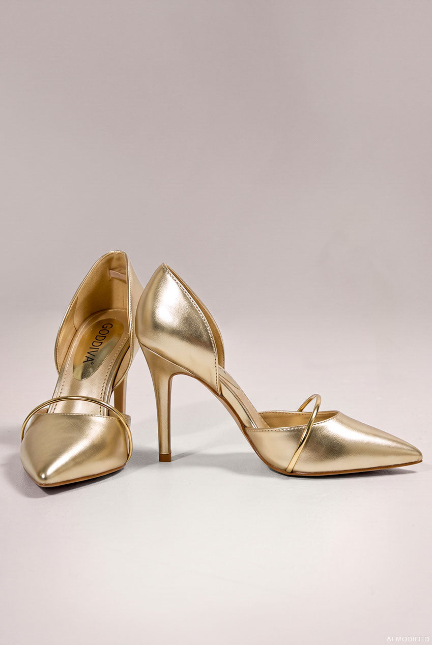 Goddiva Pointed Toe With Gold Strap Stiletto High Heel - Gold