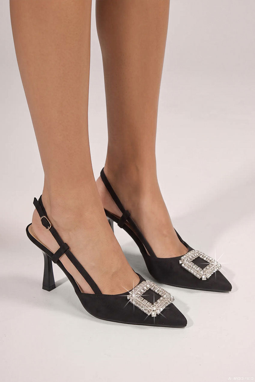 Goddiva Diamante Buckle Embellished Pointed Toe Sling Back High Heel - Black