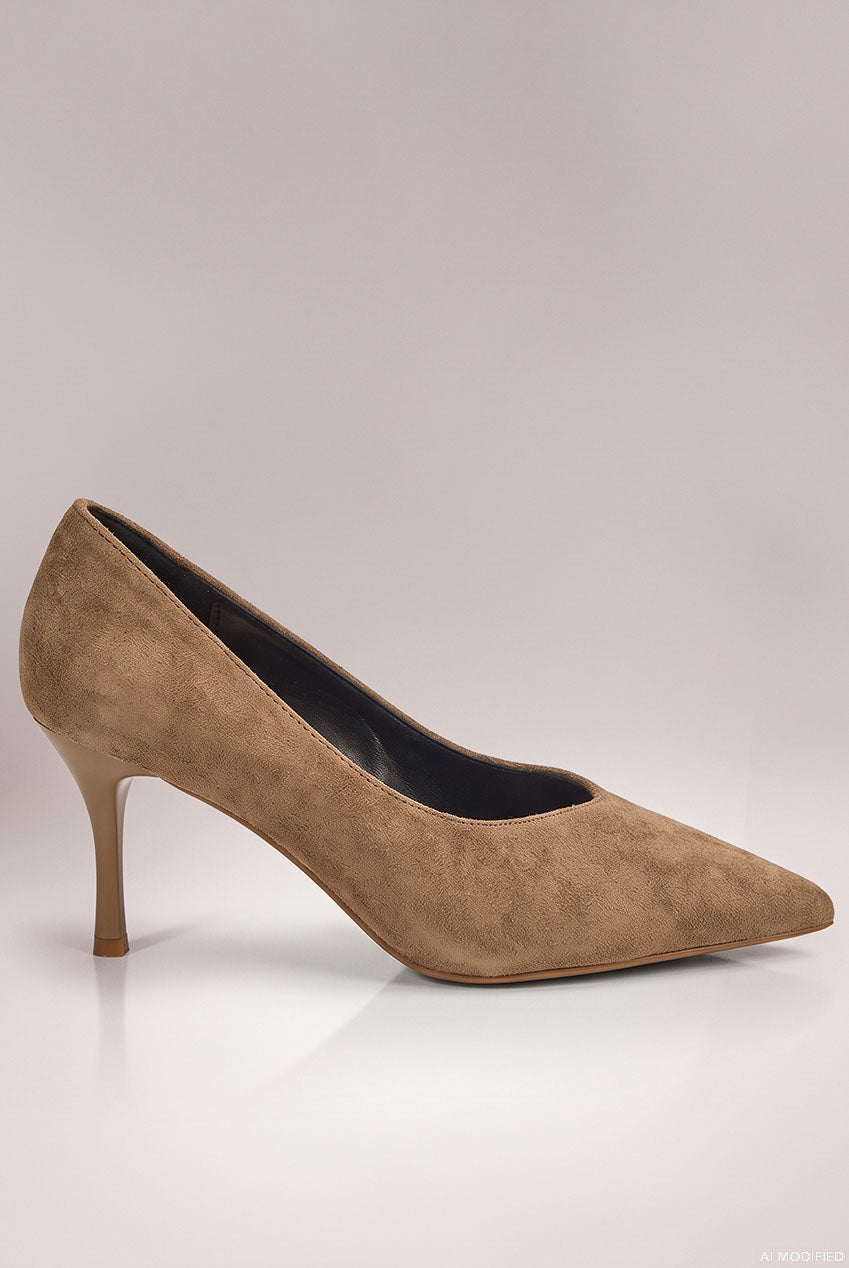 Goddiva Classic Low Cut Stiletto Style Suede Court Heels - Khaki