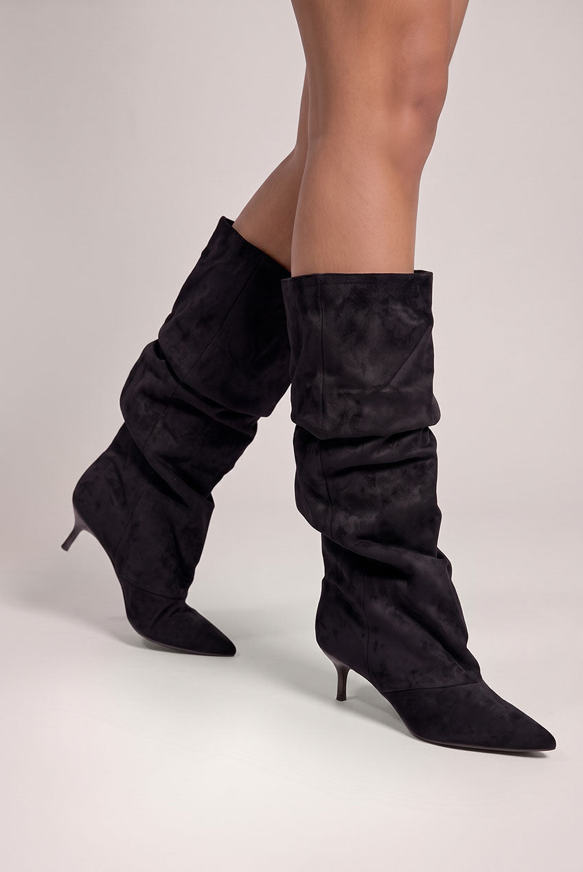 Goddiva Pointed-Toe Knee High Slouchy Kitten Heel Boots - Black