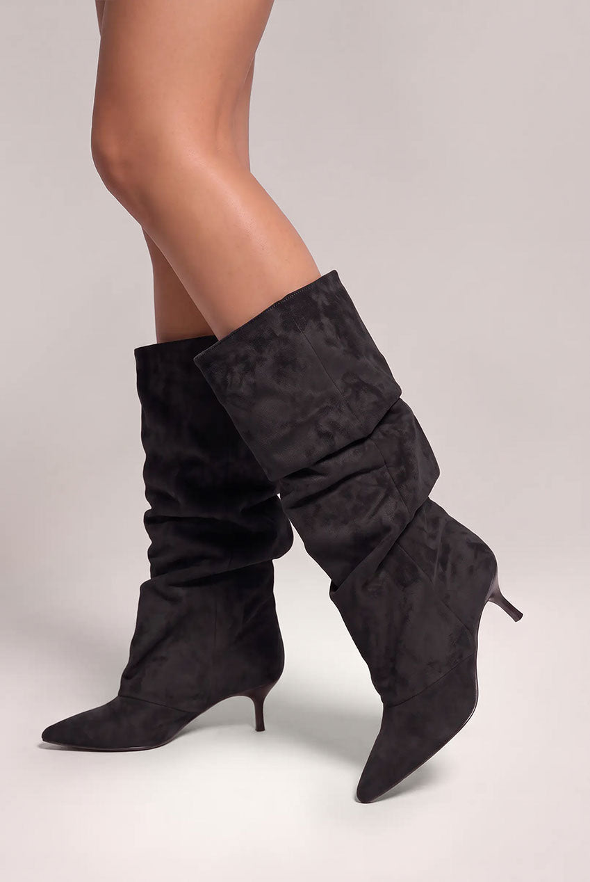 Goddiva Pointed-Toe Knee High Slouchy Kitten Heel Boots - Black