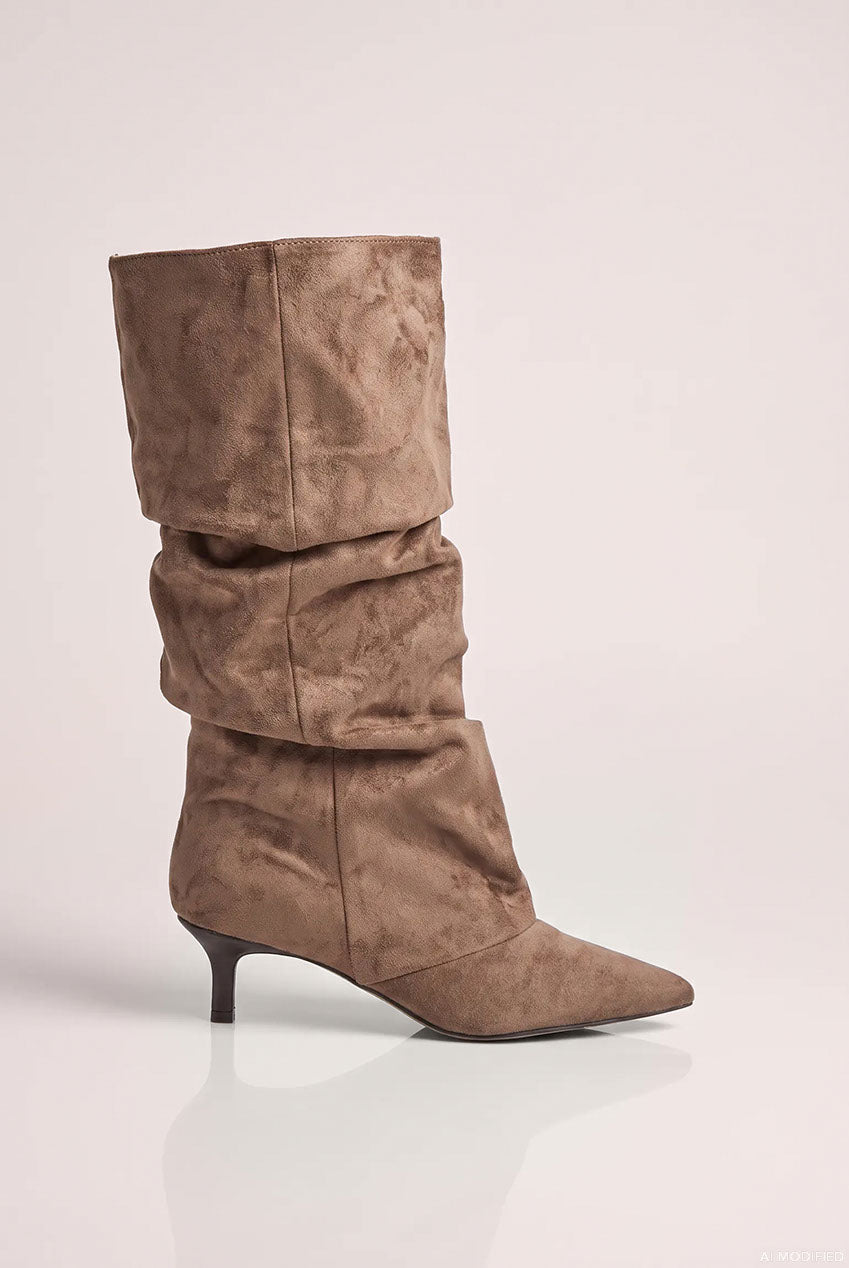 Goddiva Pointed-Toe Knee High Slouchy Kitten Heel Boots - Khaki
