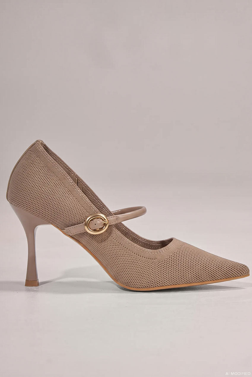 Goddiva Pointed Toe Mary Jane High Court Heels - Taupe