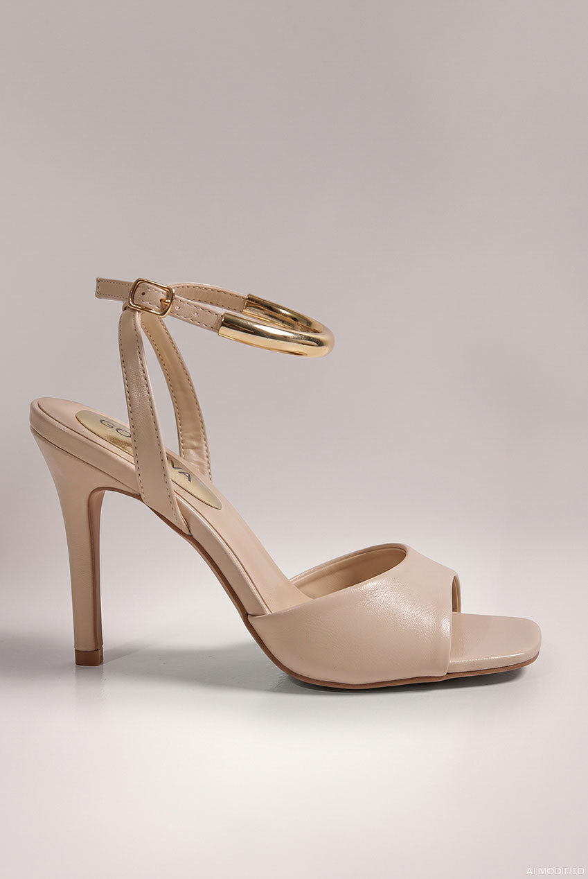Goddiva Square Toe High Heel Sandals With Gold Ankle Strap - Cream