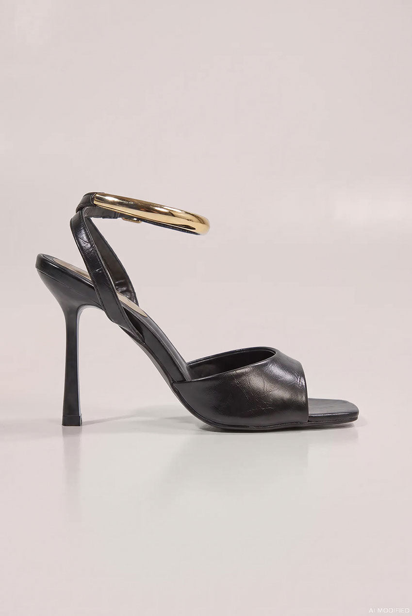 Goddiva Square Toe High Heel Sandals With Gold Ankle Strap - Black