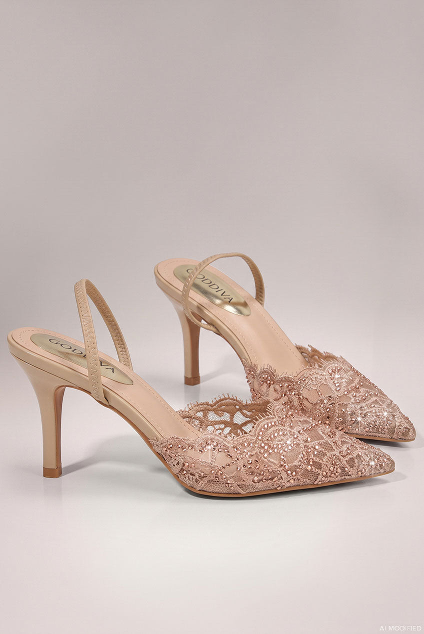 Goddiva Embellished Scalloped Edged Lace Slingback Heels - Champagne