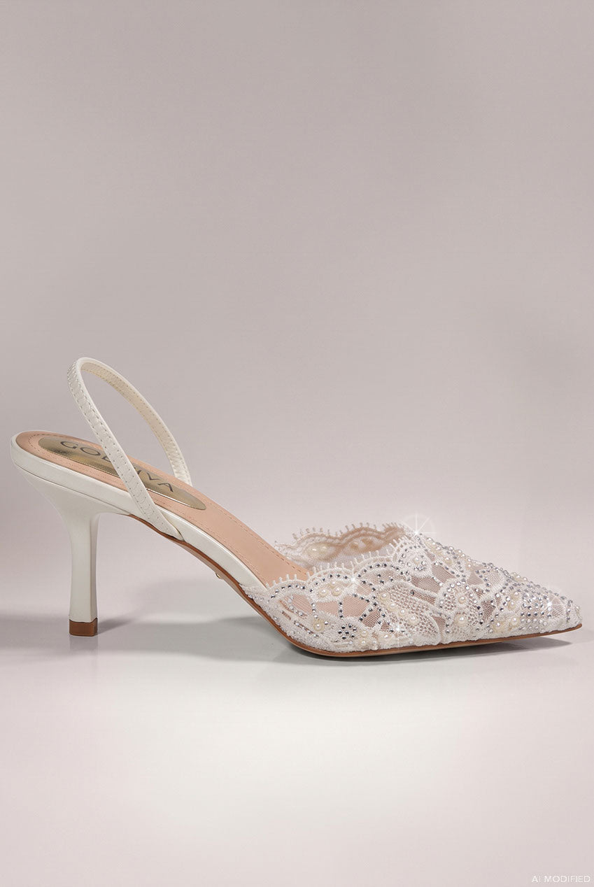 Goddiva Embellished Scalloped Edged Lace Slingback Heels - White
