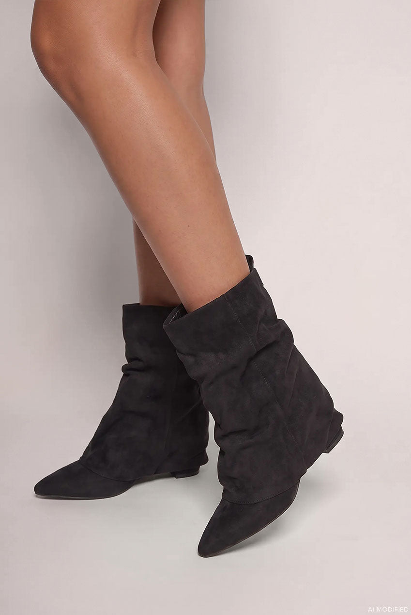 Goddiva Mid Calf Slouchy Low Block Heel Boots - Black