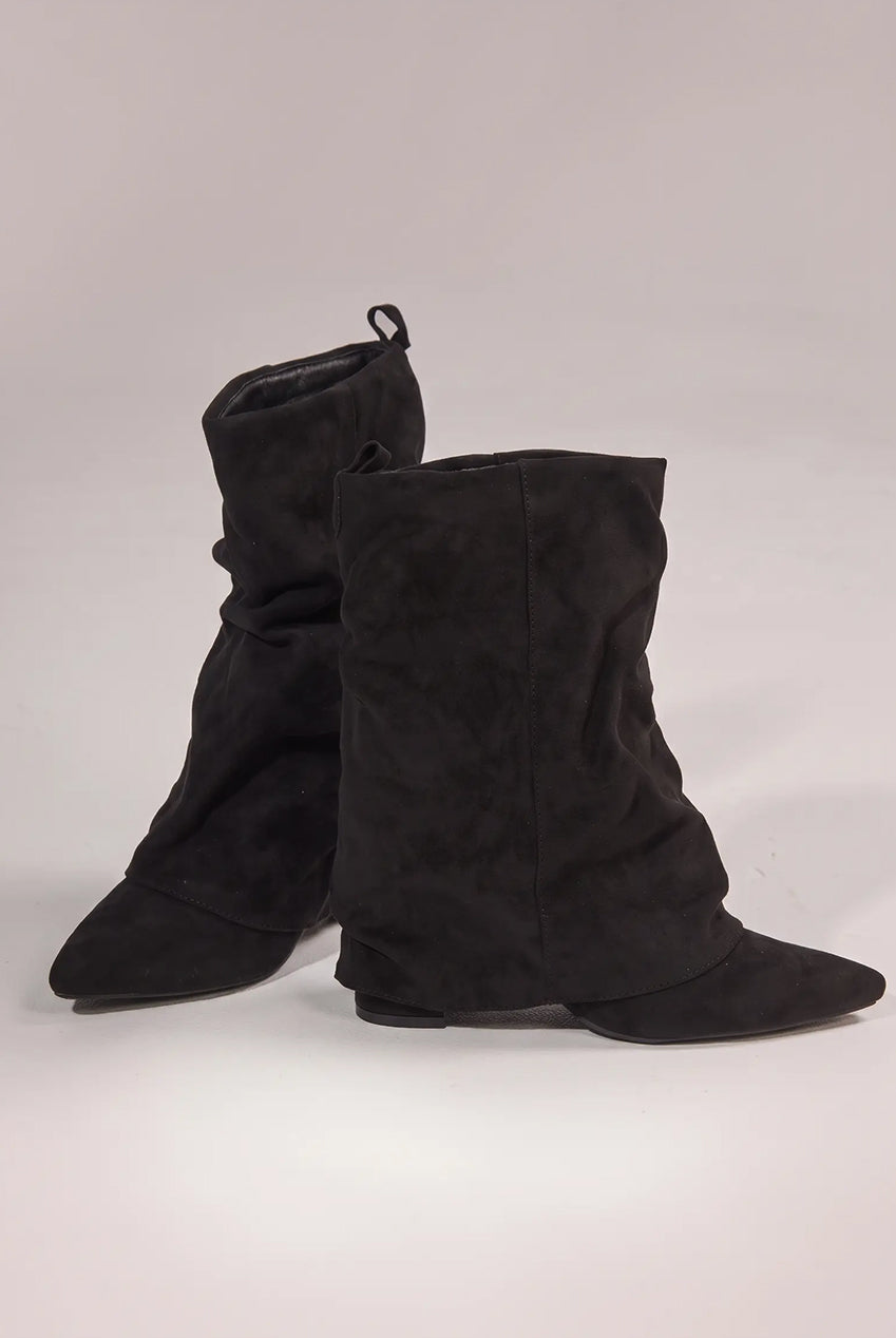 Goddiva Mid Calf Slouchy Low Block Heel Boots - Black