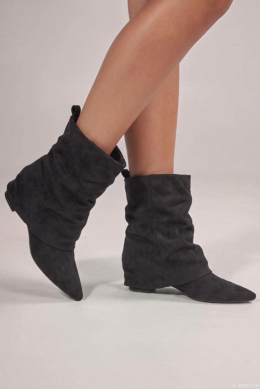 Goddiva Mid Calf Slouchy Low Block Heel Boots - Black