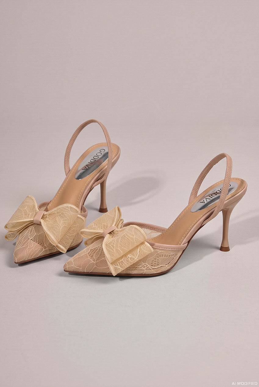 Goddiva Pointed Toe Lace Bow Stiletto Slingback Heels - Champagne