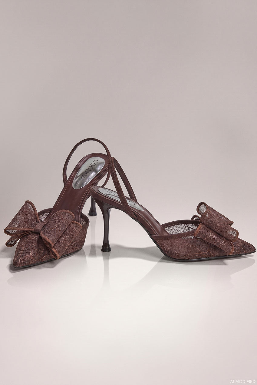 Goddiva Pointed Toe Lace Bow Stiletto Slingback Heels - Brown