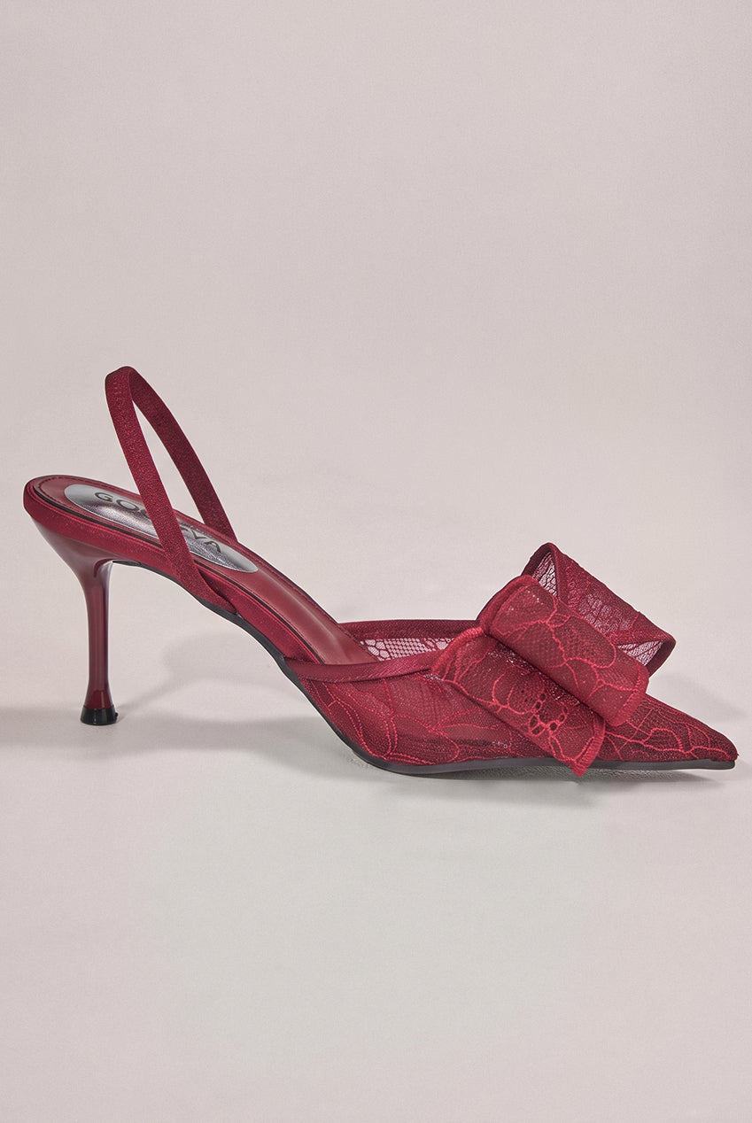 Goddiva Pointed Toe Lace Bow Stiletto Slingback Heels - Wine
