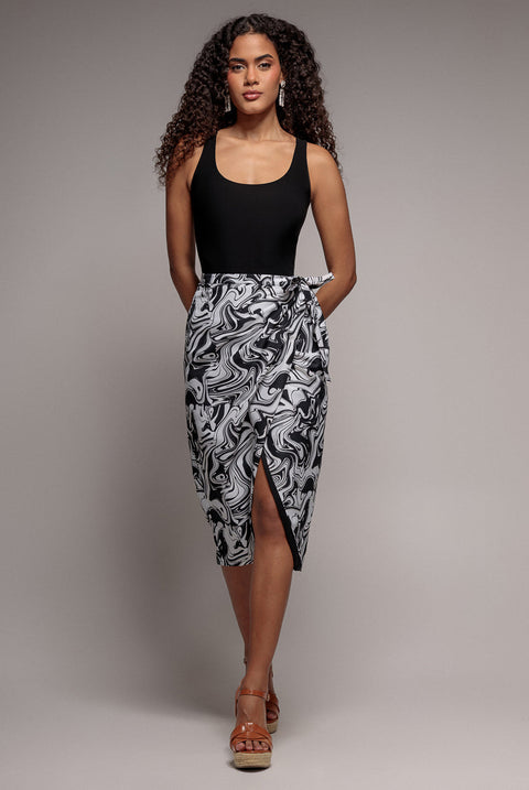 City Goddess Printed High Waist Wrap Midi Skirt - Black