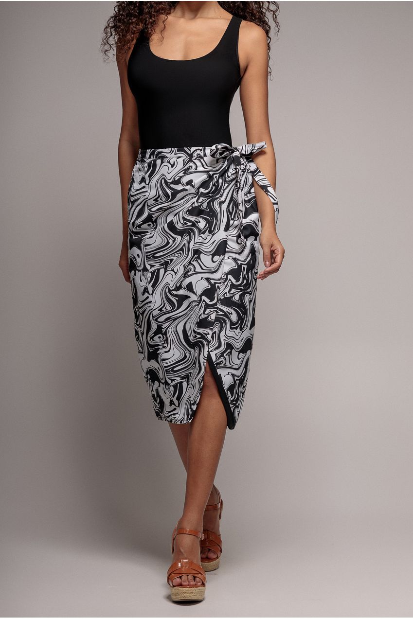 City Goddess Printed High Waist Wrap Midi Skirt - Black