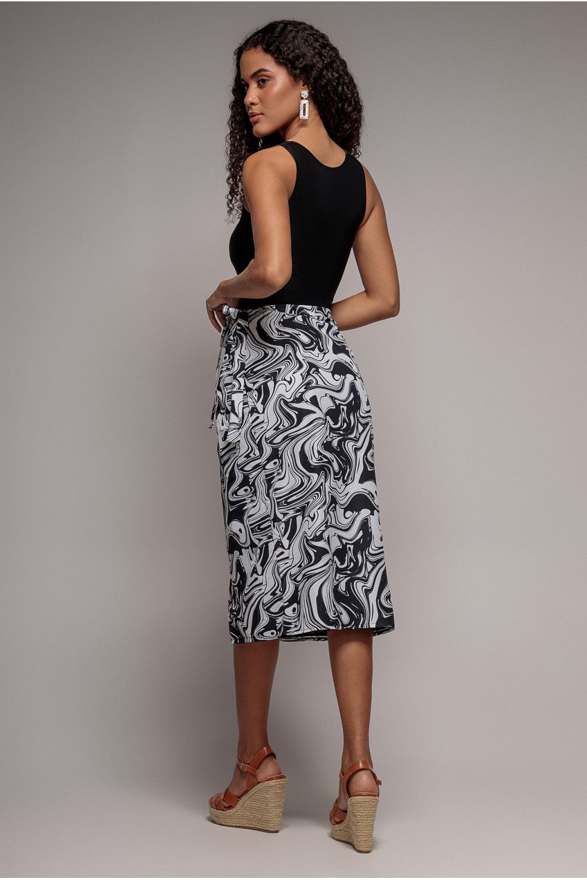 City Goddess Printed High Waist Wrap Midi Skirt - Black