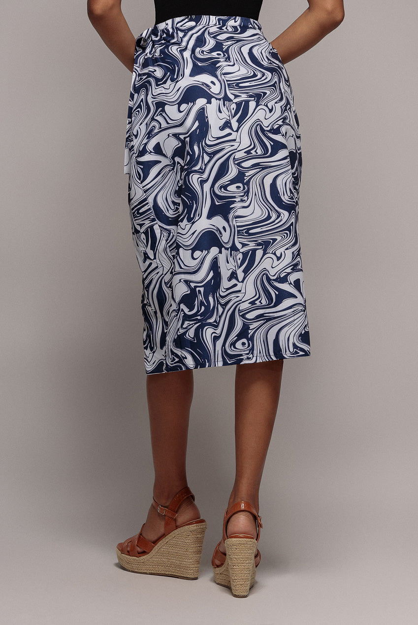 City Goddess Printed High Waist Wrap Midi Skirt - Navy