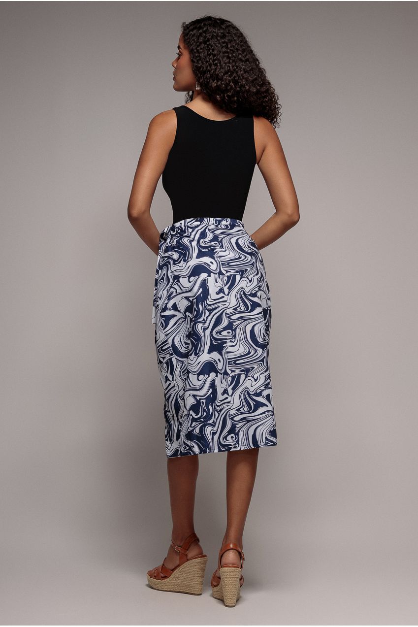 City Goddess Printed High Waist Wrap Midi Skirt - Navy