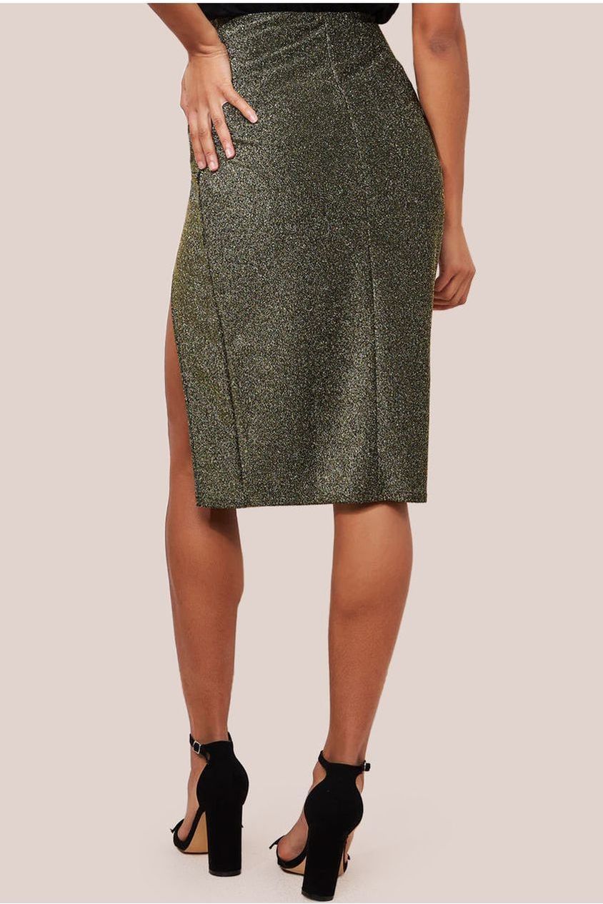 Goddiva Knot Front Thigh Split Midi Skirt - Gold