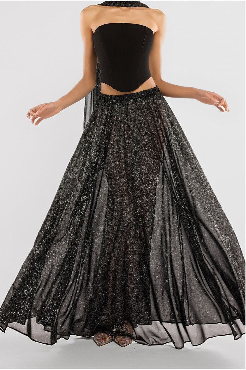 Goddiva Gathered A-Line Glitter Chiffon Maxi Skirt