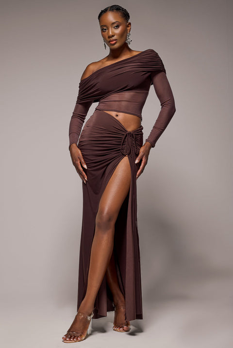 Goddiva Super Split Front Drawstring Maxi Skirt - Brown