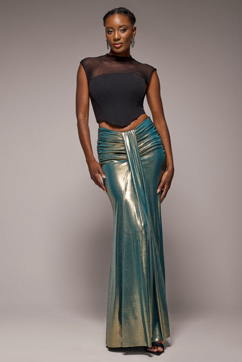 Goddiva Gathered Front Dipped Waist Foil Maxi Skirt - Gold