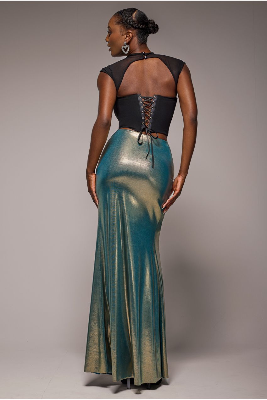 Goddiva Gathered Front Dipped Waist Foil Maxi Skirt - Gold