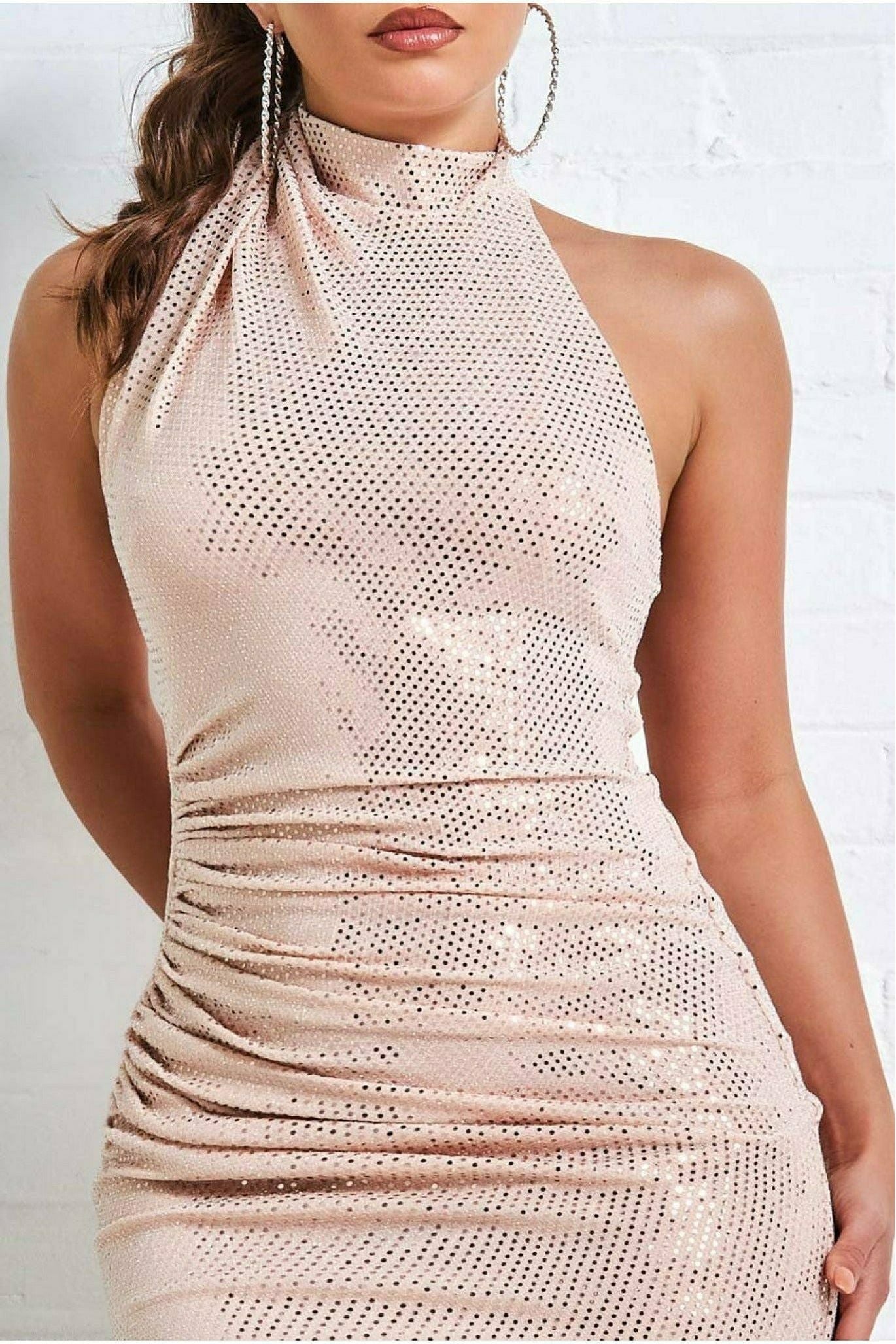 Goddiva Naked Open Back Halter Neck Mini - Nude