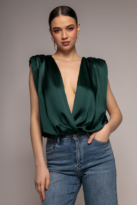 Goddiva Satin Wrap Style Top With Shoulder Pad - Emerald Green