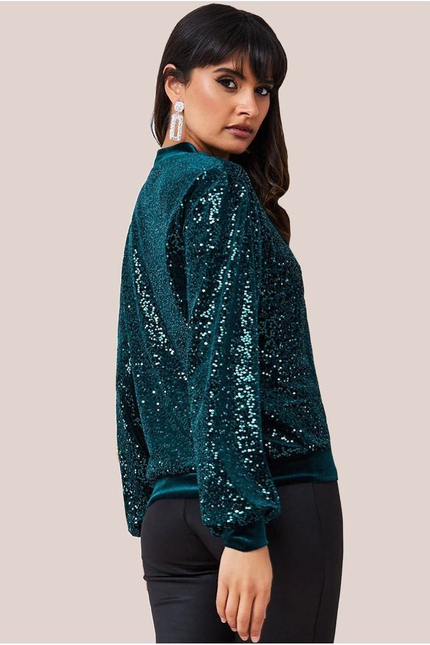 Goddiva Sequin Velvet Sweater - Emerald Green