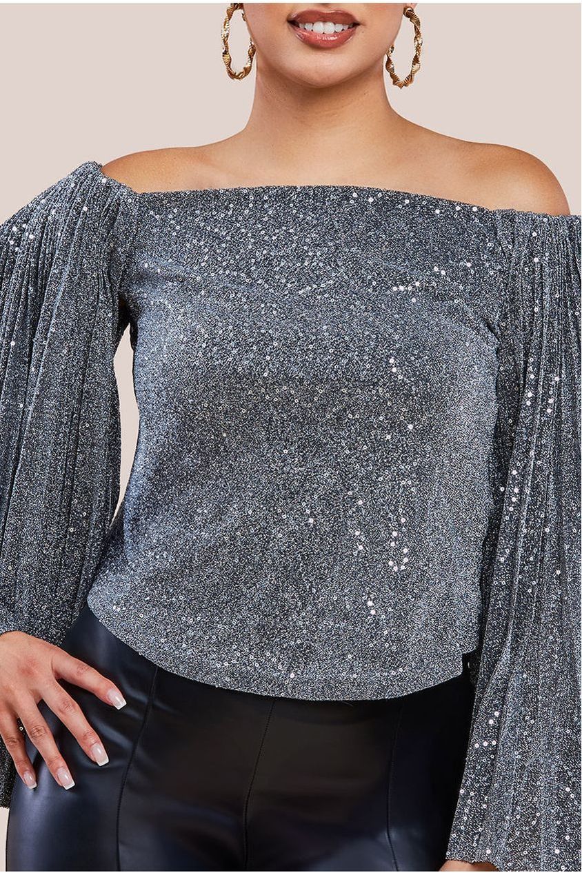 Goddiva Sequin Lurex Bardot Pleated Sleeve Top - Silver