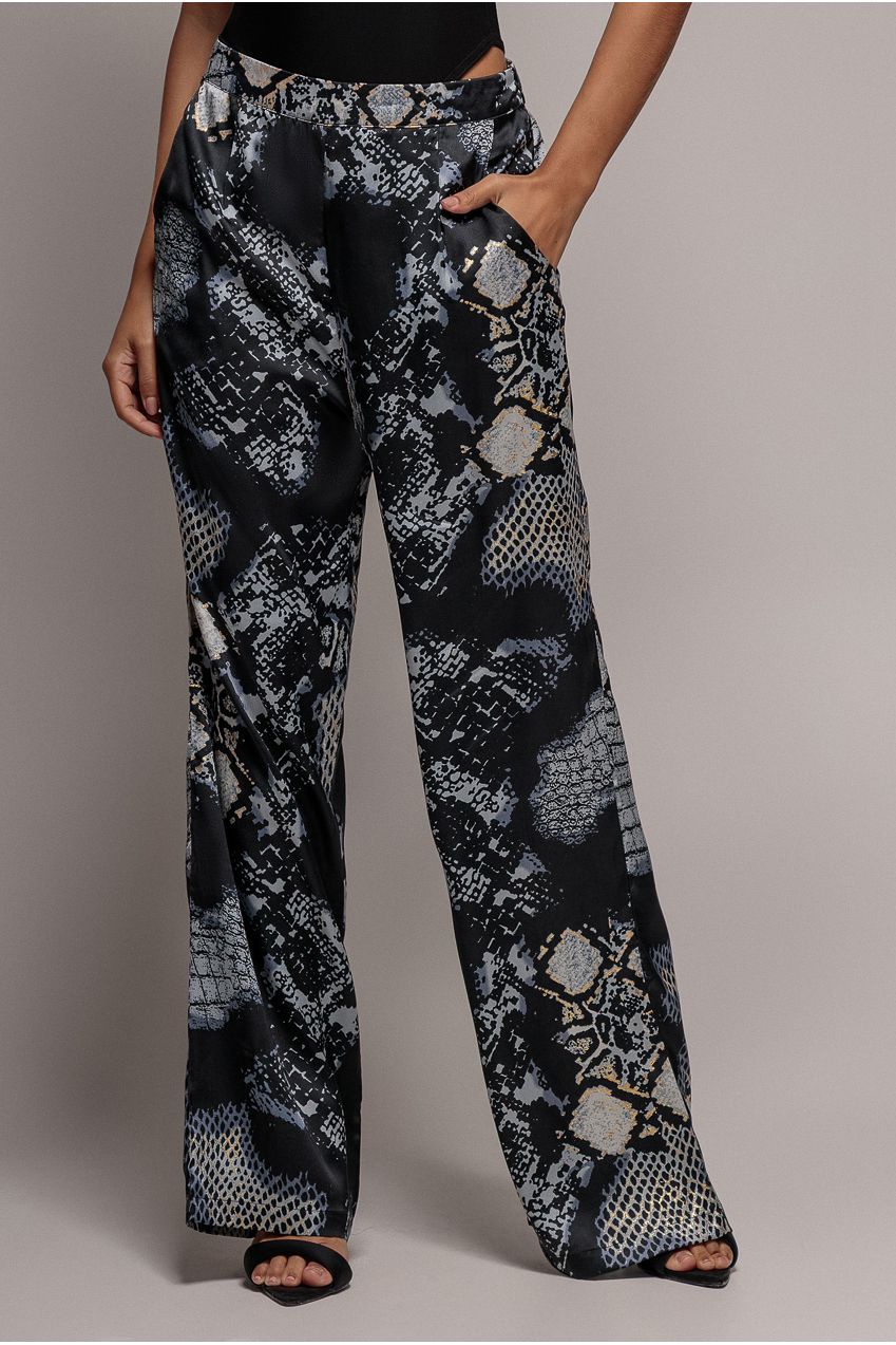 Goddiva Foil Print Wide Leg Pants - Black