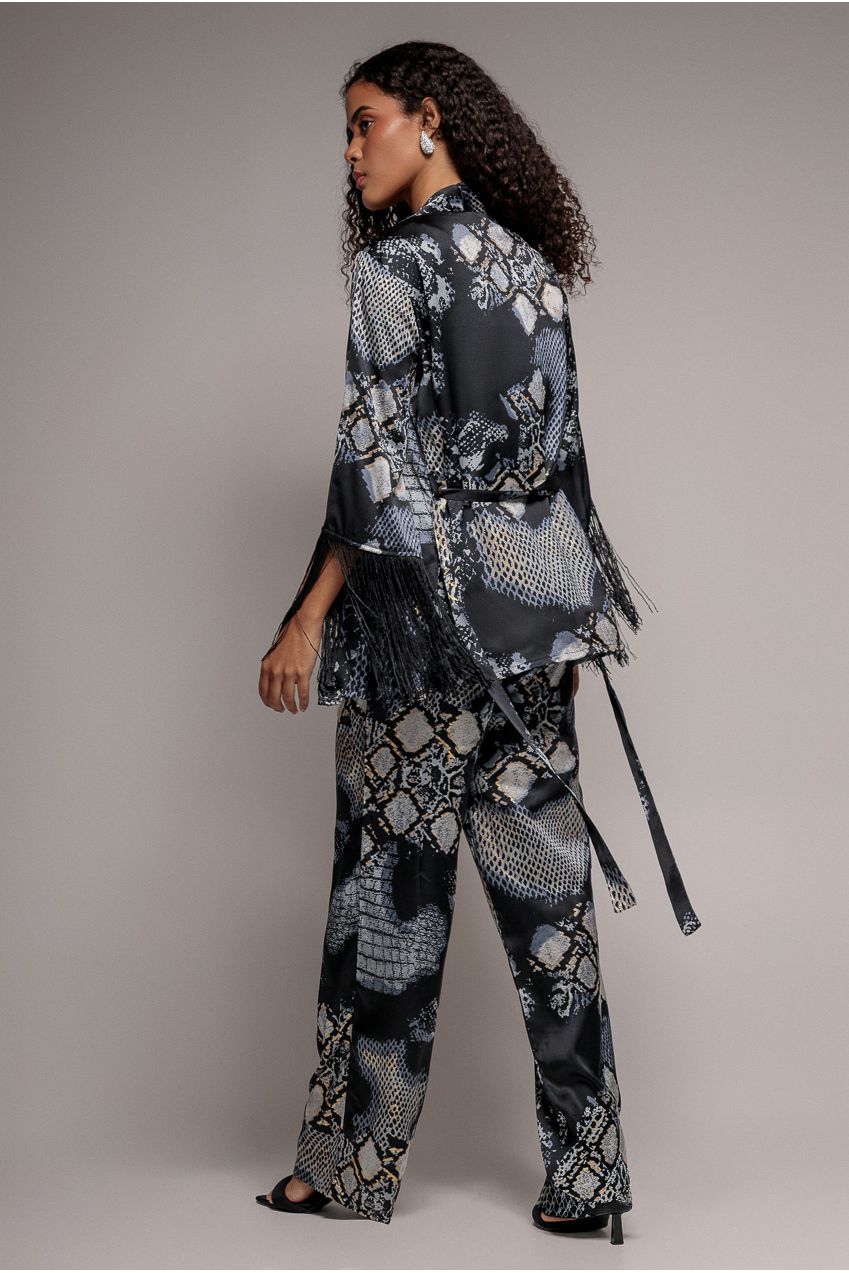 Goddiva Foil Print Kimono With Tassels - Black