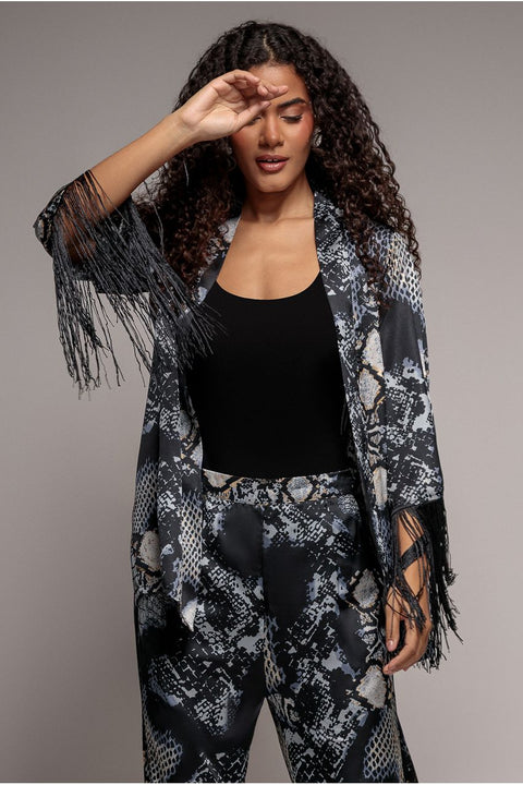 Goddiva Foil Print Kimono With Tassels - Black
