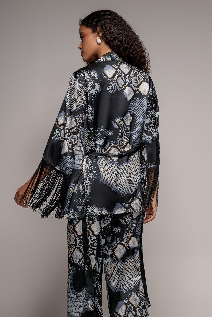 Goddiva Foil Print Kimono With Tassels - Black