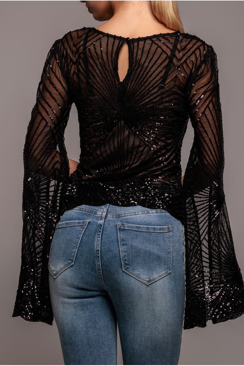 Goddiva Sequin Starburst Cape Sleeve Top - Black