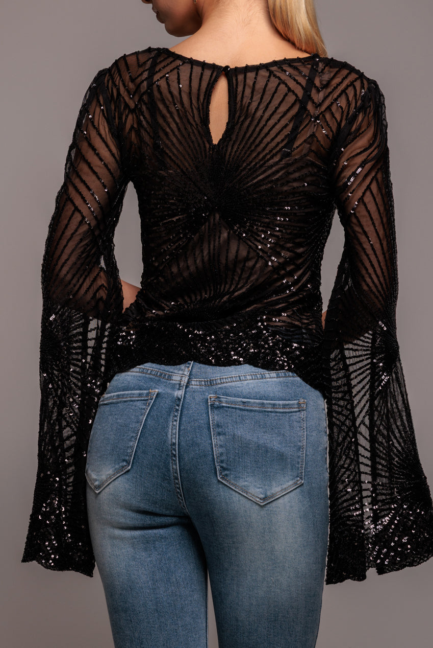 Goddiva Sequin Starburst Cape Sleeve Top - Black