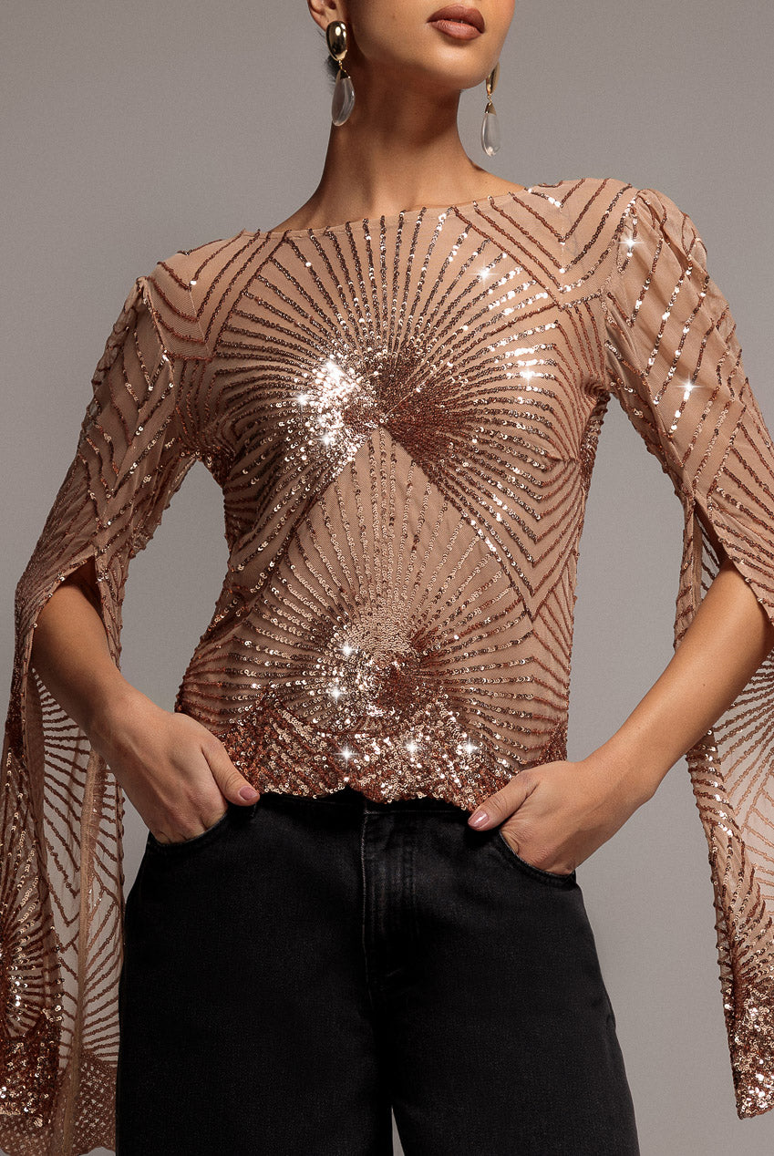 Goddiva Sequin Starburst Cape Sleeve Top - Champagne