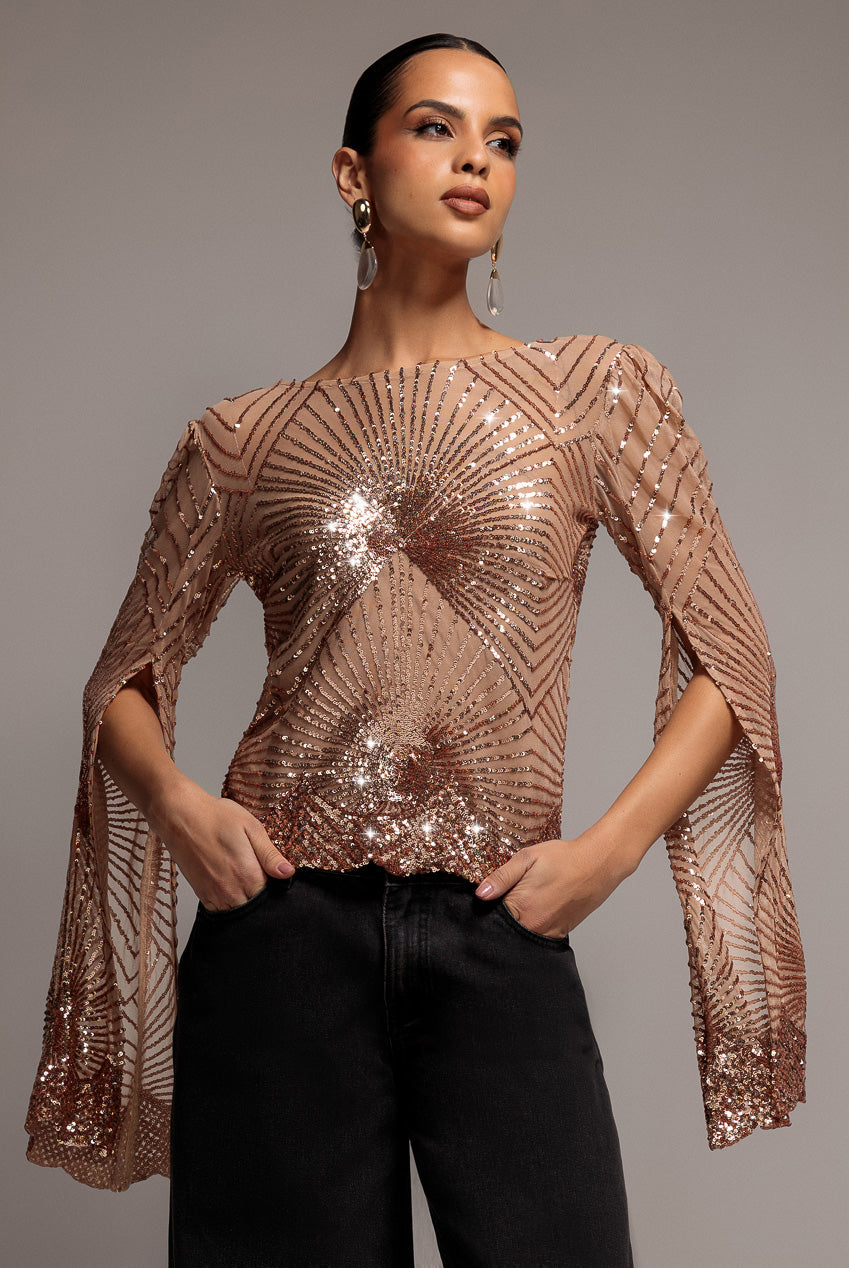 Goddiva Sequin Starburst Cape Sleeve Top - Champagne