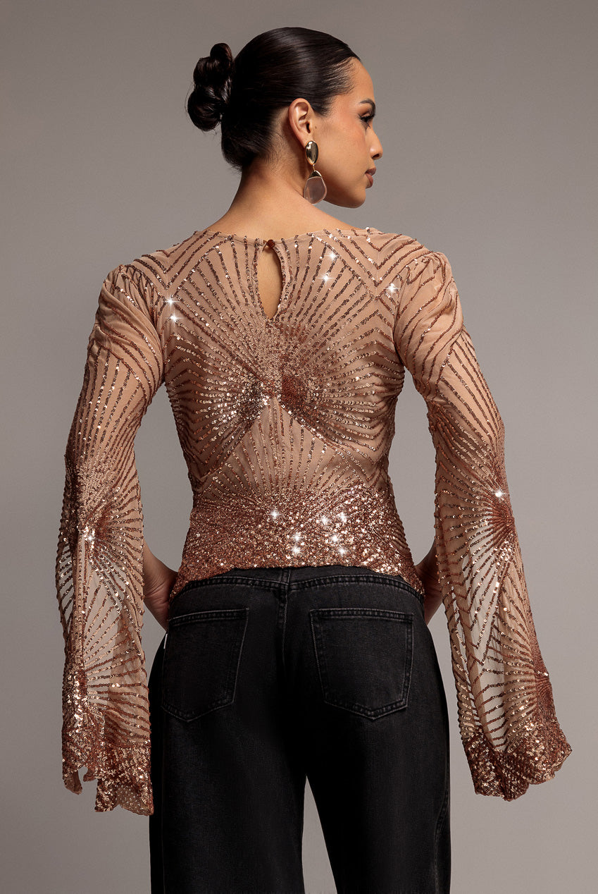 Goddiva Sequin Starburst Cape Sleeve Top - Champagne