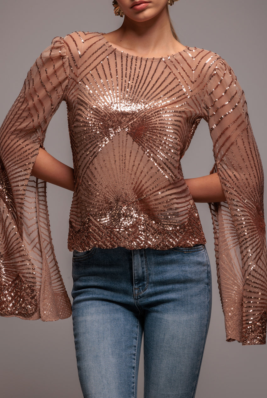 Goddiva Sequin Starburst Cape Sleeve Top - Champagne