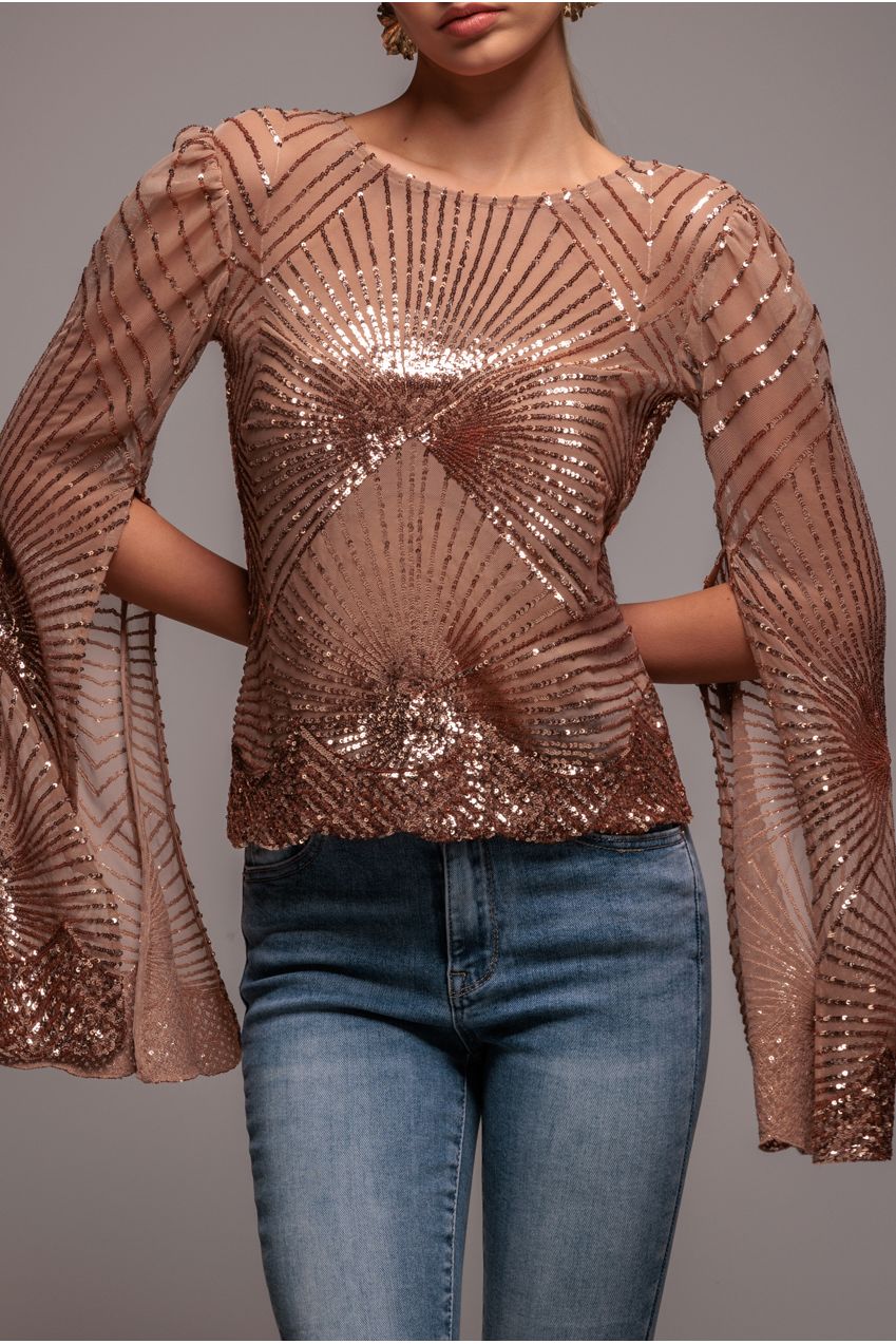 Goddiva Sequin Starburst Cape Sleeve Top - Champagne