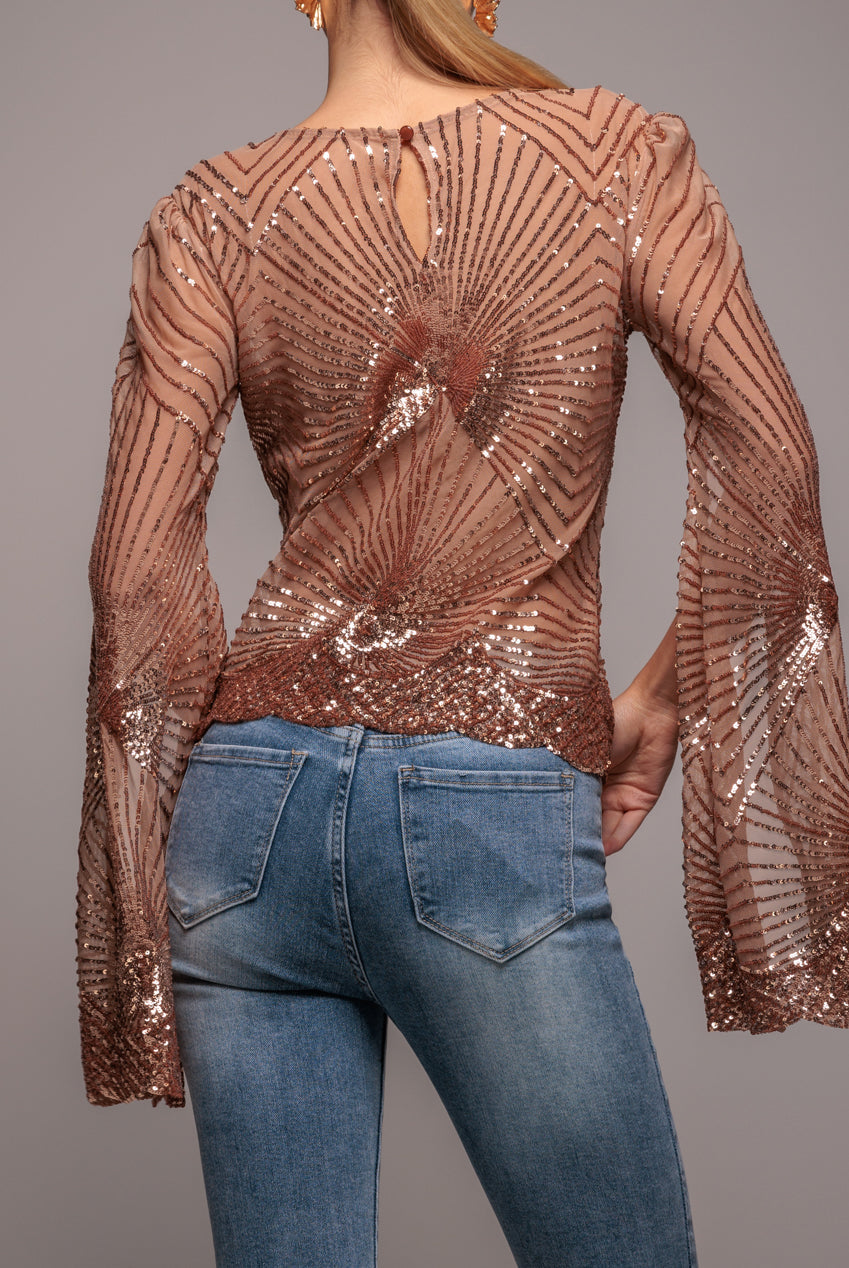 Goddiva Sequin Starburst Cape Sleeve Top - Champagne