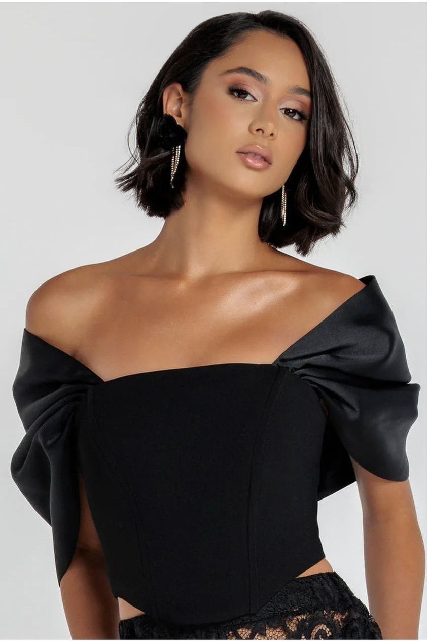 Goddiva Off Shoulder Back Satin Bow Scuba Corset - Black