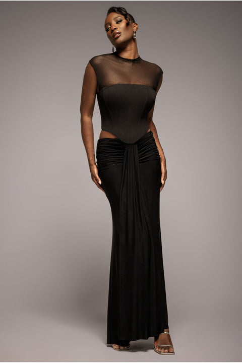 Goddiva Gathered Front Dipped Waist Maxi Skirt - Black
